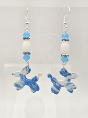 Blue & White Balloon Dog Drop Earrings - Women Jewelry